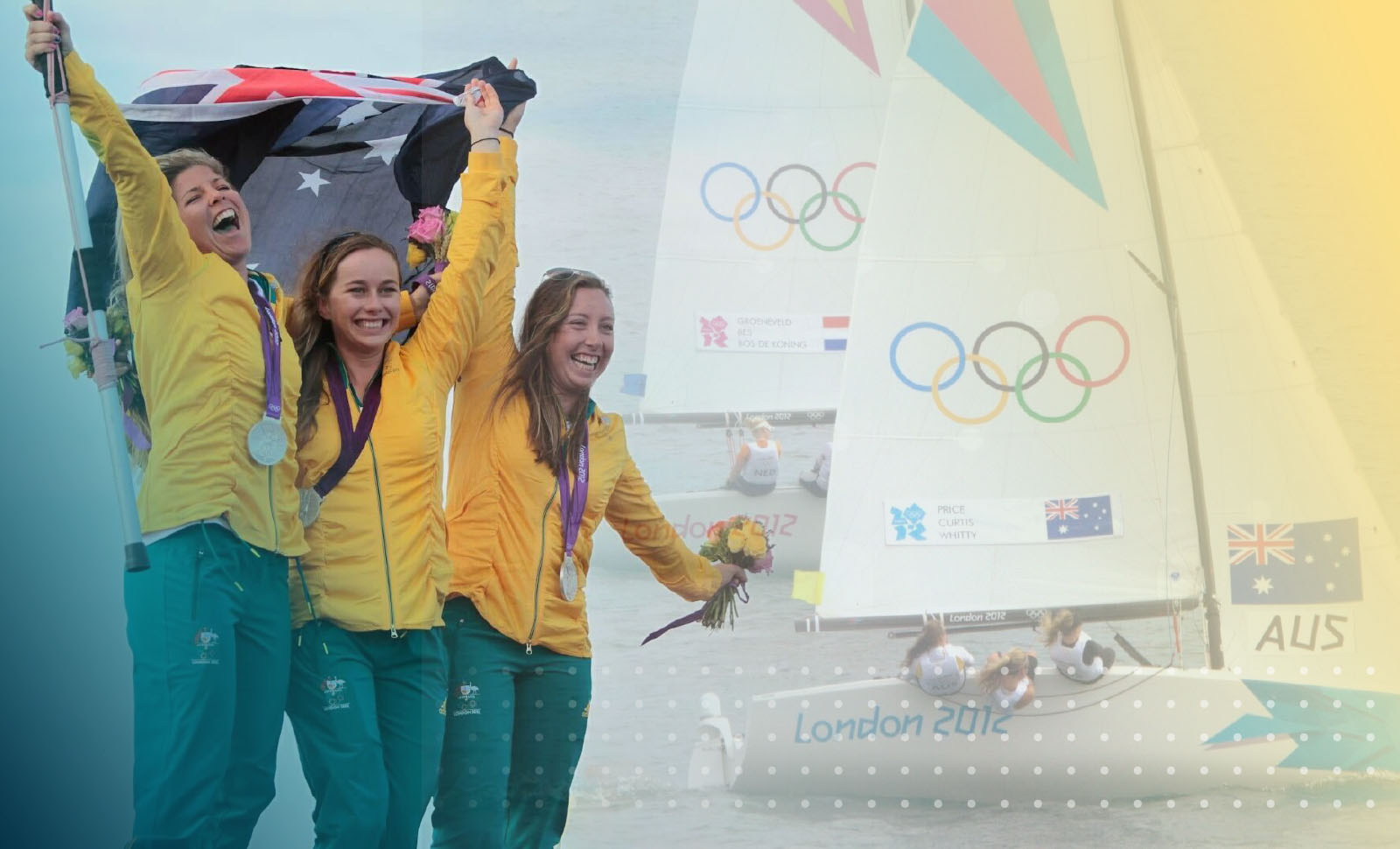 三位身穿黄线装饰装饰的女性 将澳大利亚国旗挂在帆船前 并挂起奥运环
